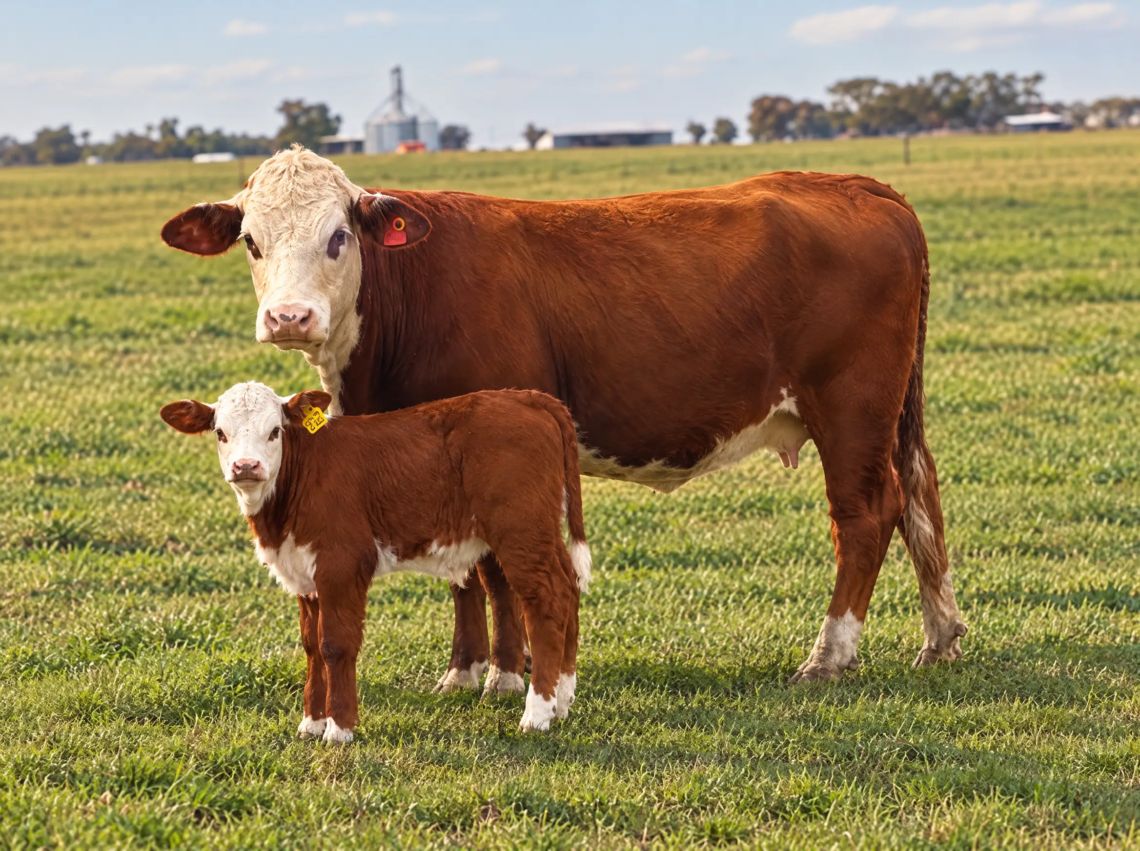 Vaca Braford junto a su ternero en el campo