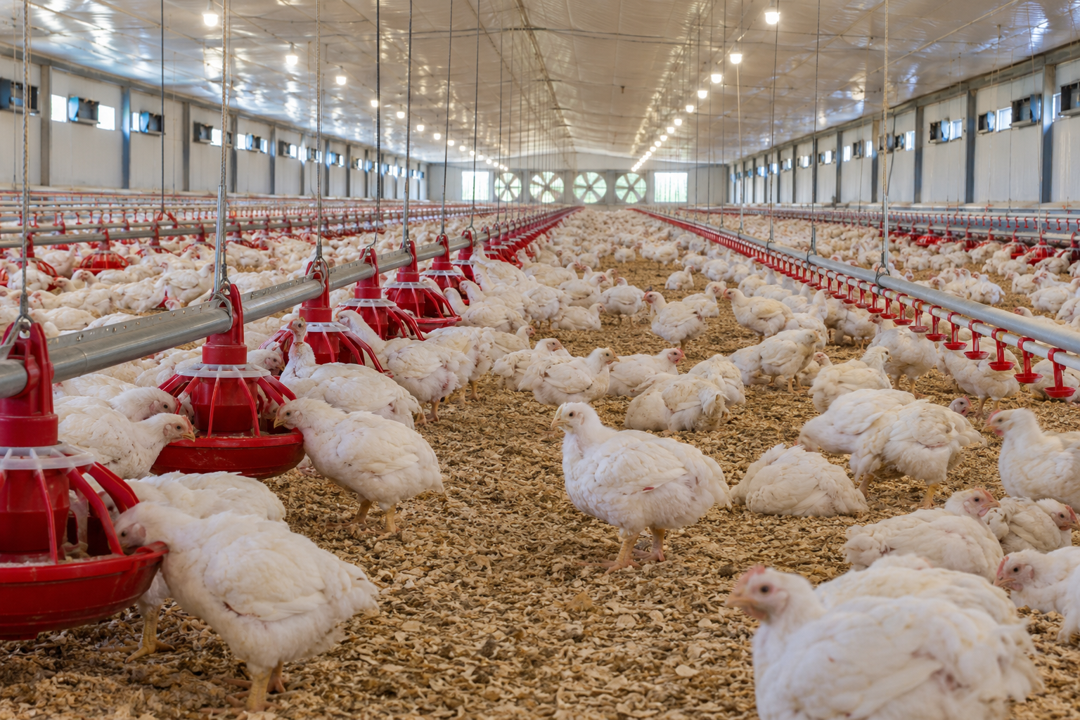 Aves en crecimiento dentro de un galpón con líneas de alimentación y agua