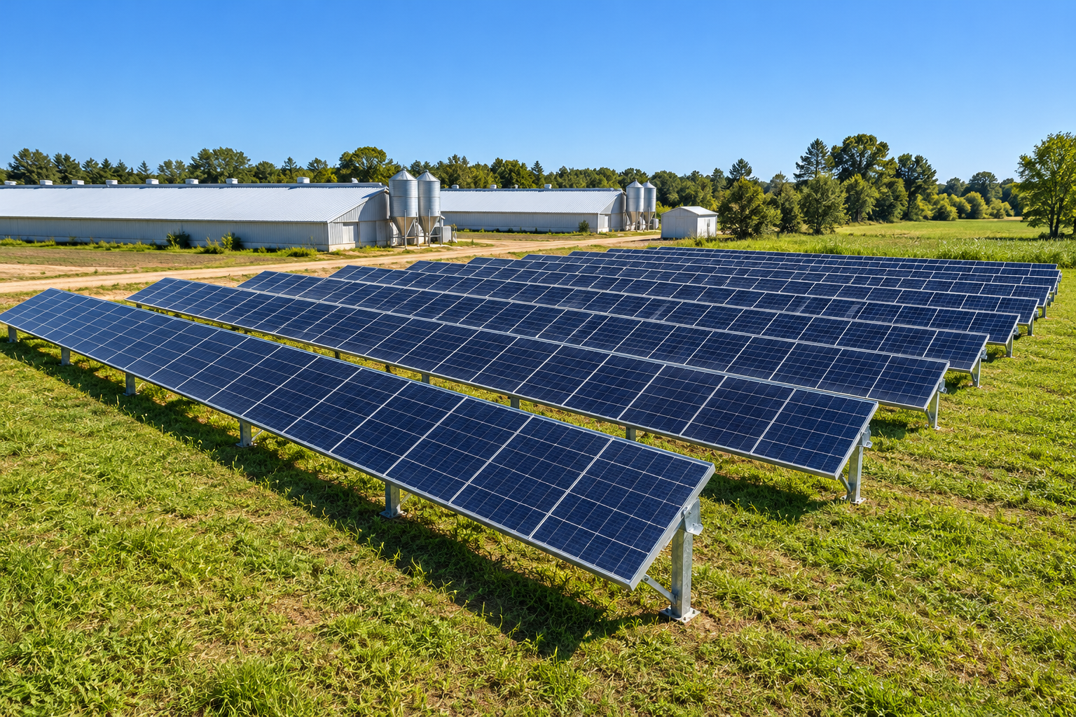 Filas de paneles solares con galpones avícolas al fondo