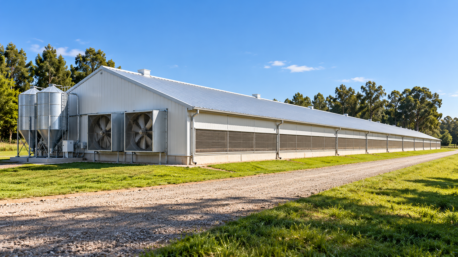 Exterior de un galpón avícola con ventilación y silos