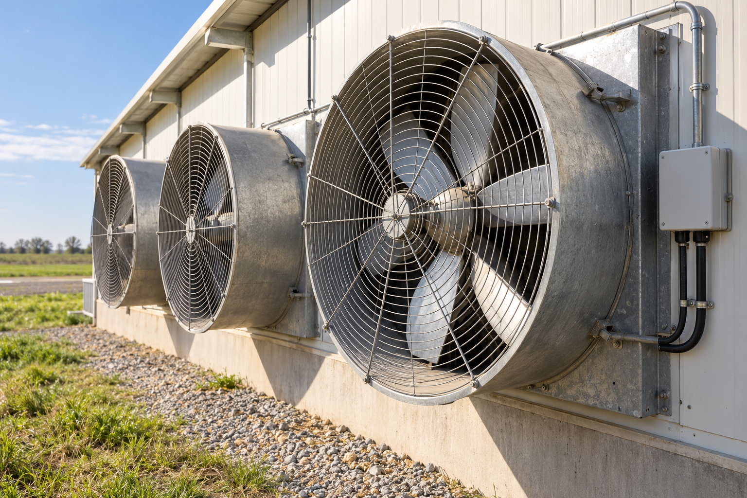 Detalle de los ventiladores y equipos de ventilación de un galpón